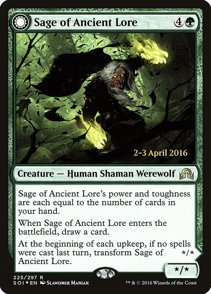 Sage of Ancient Lore // Werewolf of Ancient Hunger [Shadows over Innistrad Prerelease Promos] | Yard's Games Ltd